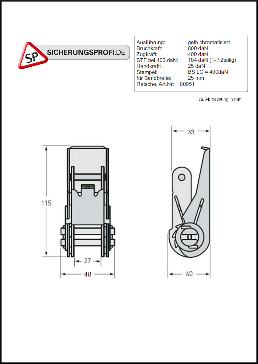 Zurrgurt 800 daN, 25 mm breit, großer Spitzhaken