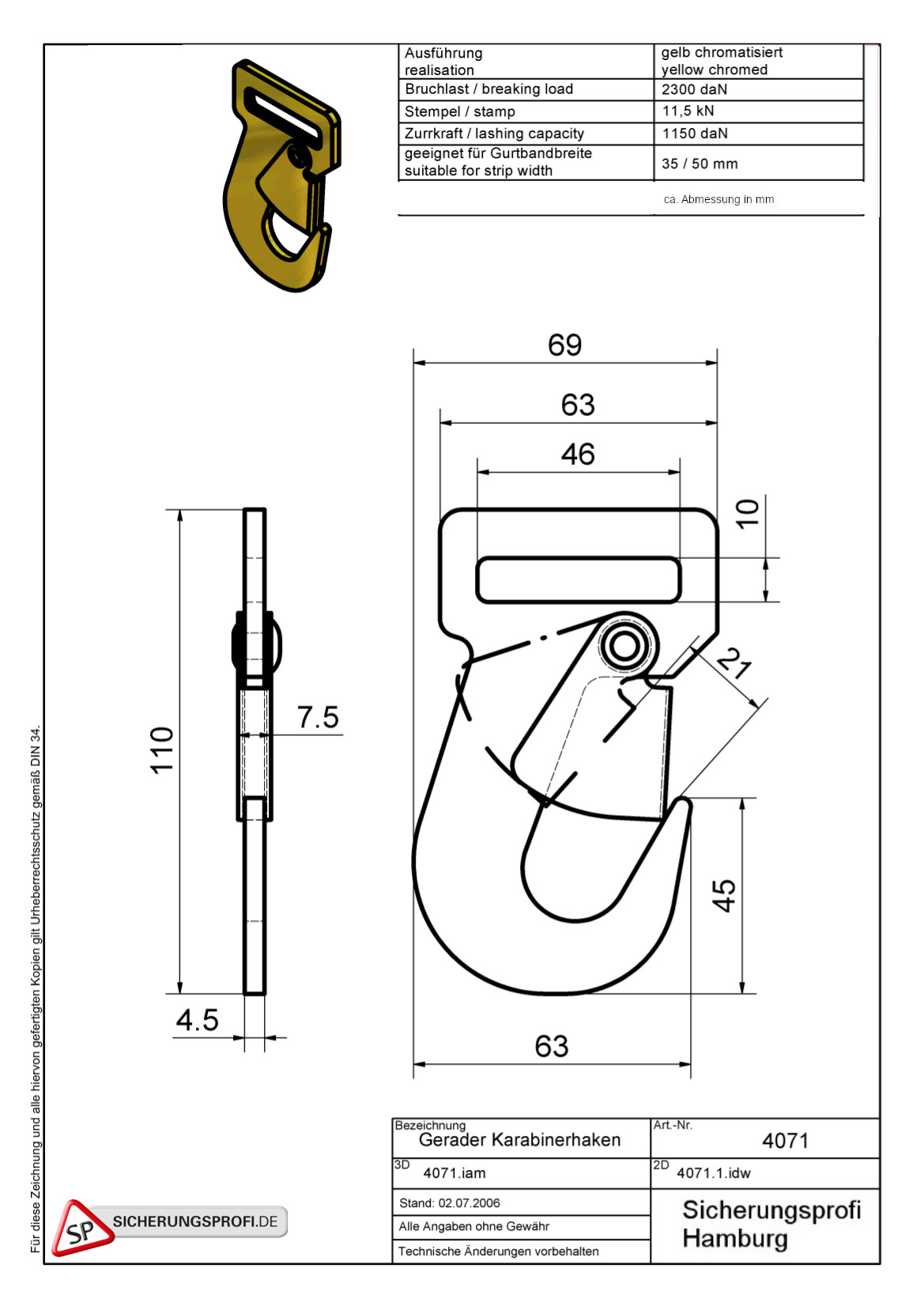 Aircargogurt, Fitting mit Ring und Karabinerhaken