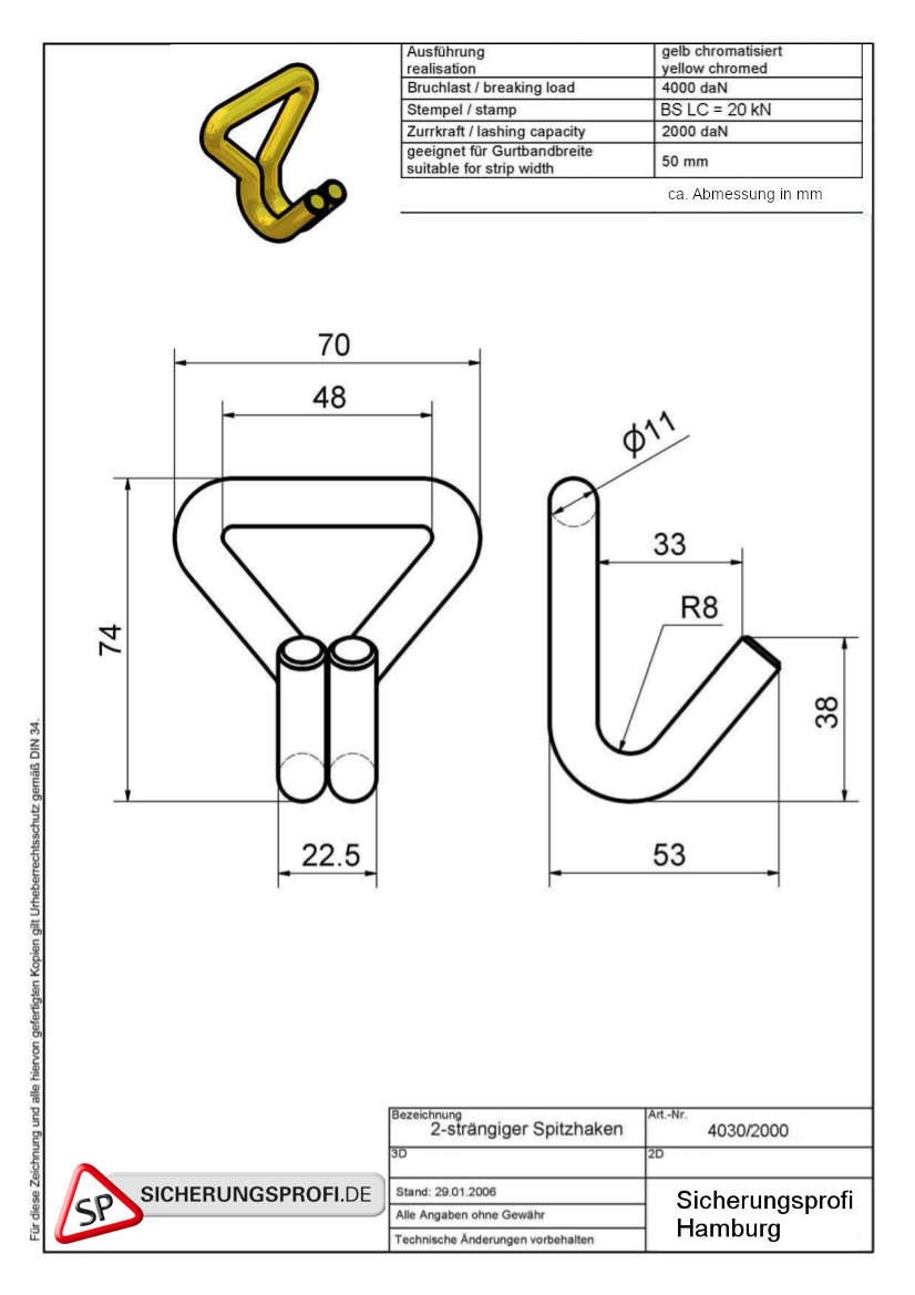 Zurrgurt 4.000 daN, 2teilig mit Spitzhaken, 4 m, 5er Set