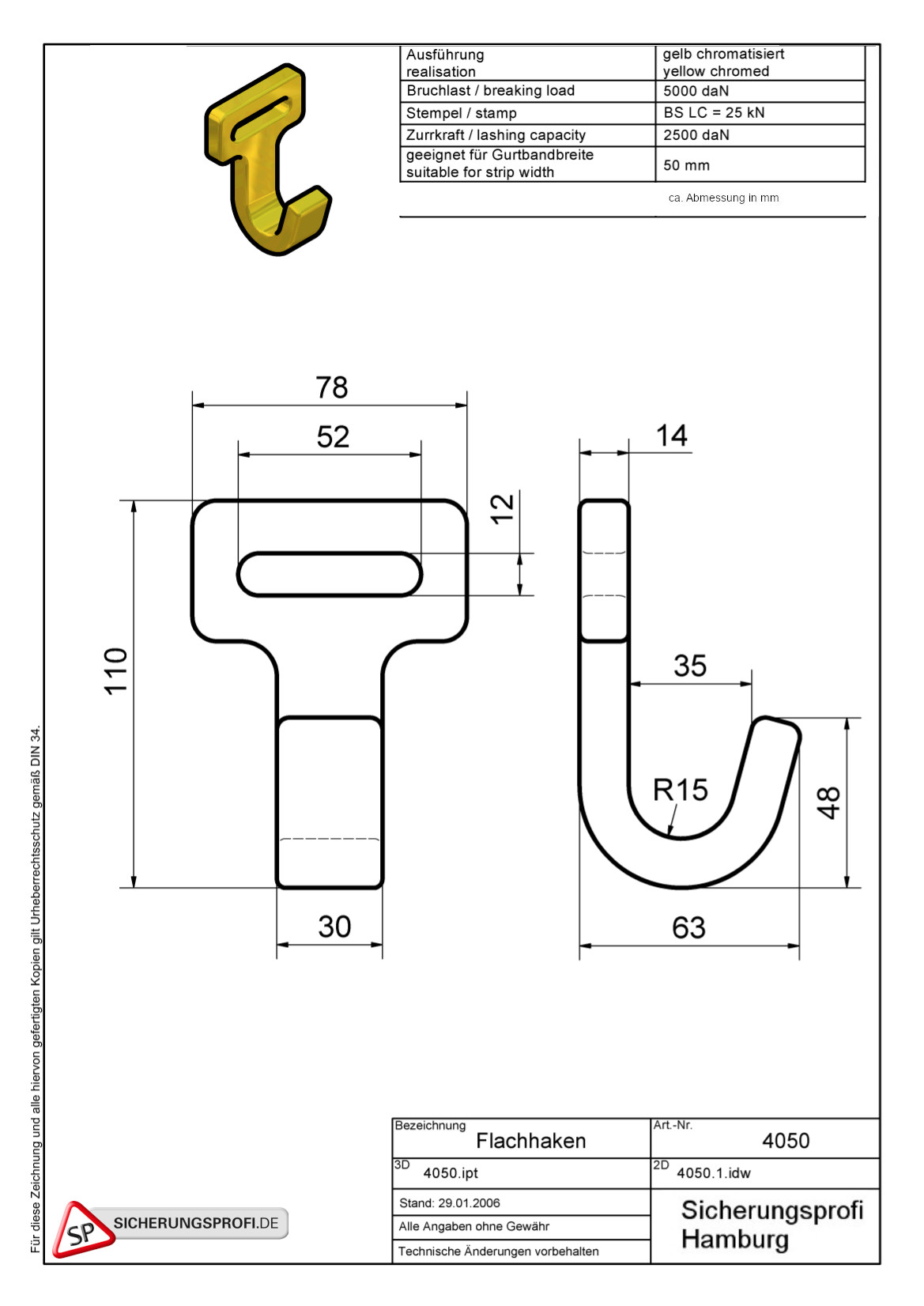 Zurrgurt 4.000 daN, 50 mm breit, mit Flachhaken